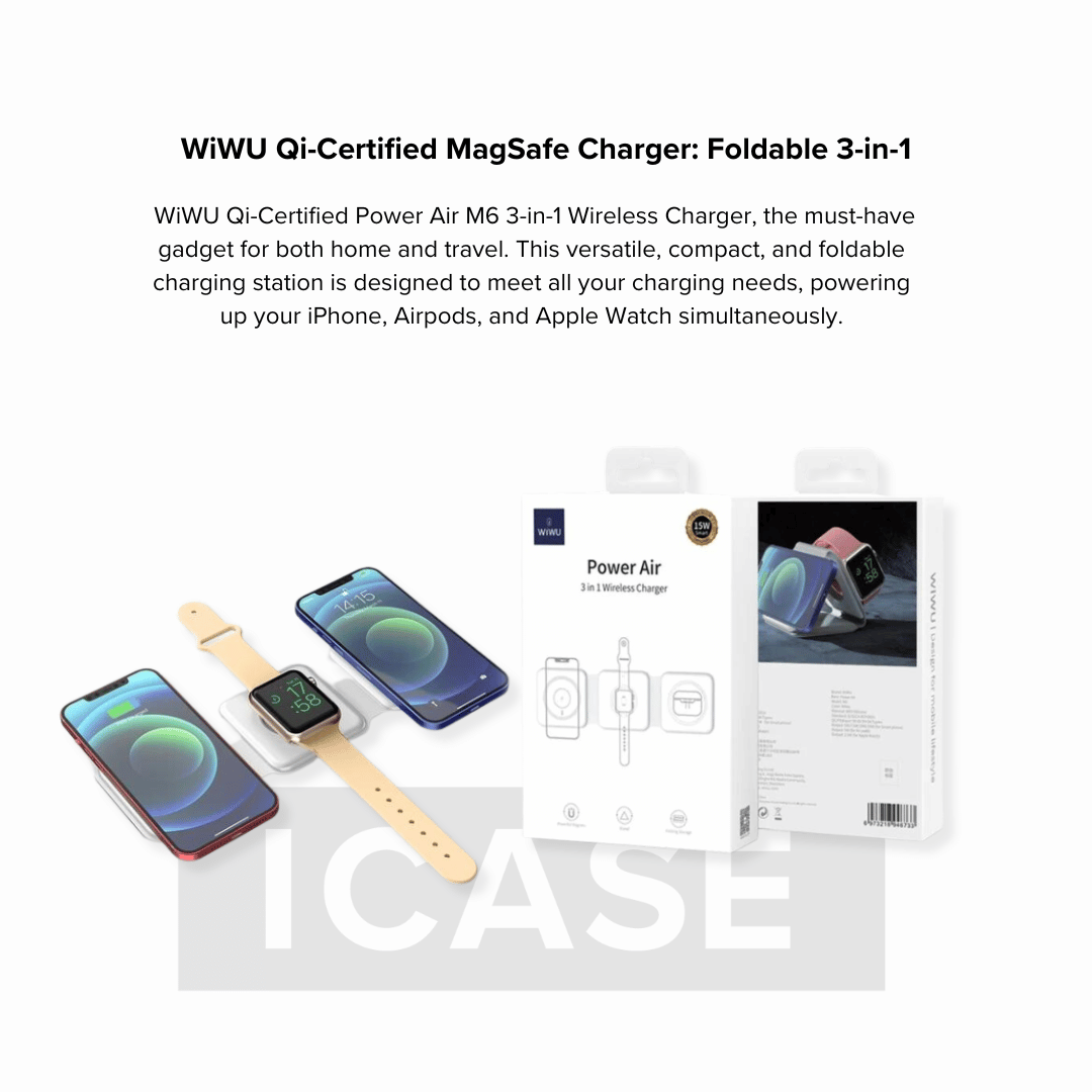 WiWU Qi-Certified MagSafe Charger: Foldable 3-in-1 Wireless Charging Station for All Your Devices.