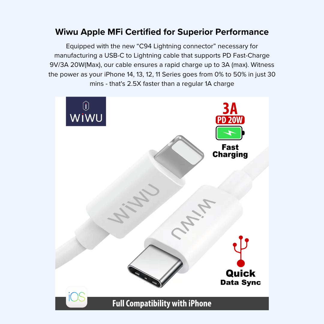 WiWU Lightning USB C to Fast Charging Cable Power Delivery PD 20W - Elevate Your Charging Experience for iPhone 14/13/12/11