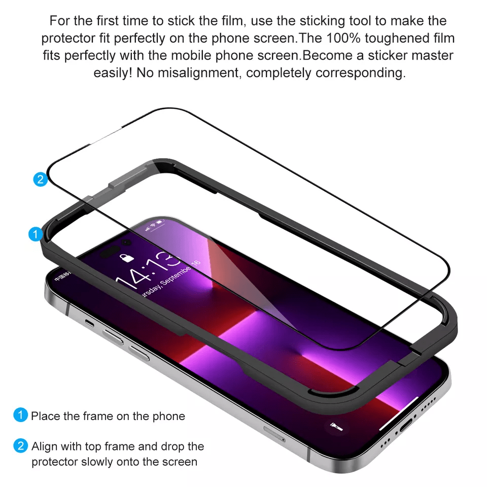 2 Screen Glass Protector plus Lens Protector Including Installation Frame for 14 Series ( Full Screen Convered ) - ICASE.PK