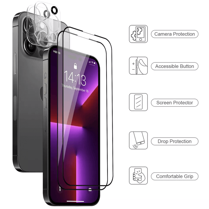 2 Screen Glass Protector plus Lens Protector Including Installation Frame for 14 Series ( Full Screen Convered ) - ICASE.PK